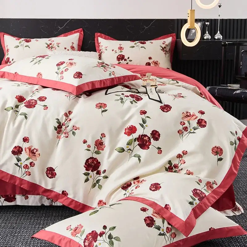 Cream-colored satin bedding set with red rose floral pattern and pink trim made of egyptian cotton for bedroom use