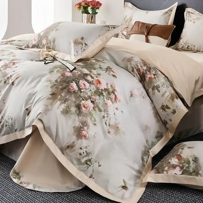 Beige and soft pink floral printed satin egyptian cotton bedding set with matching pillowcases and satin trim