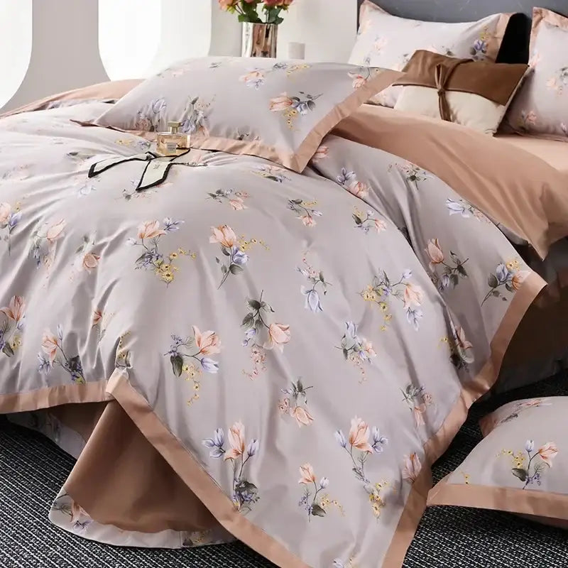 Beige floral egyptian cotton bedding set with soft satin trim and delicate pastel blossoms for bedroom use