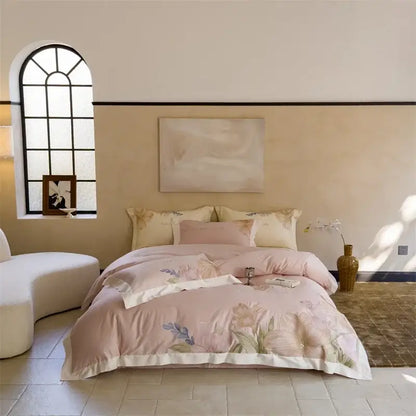Pink floral duvet cover set with delicate embroidery and soft satin finish from decorbites 100s egyptian cotton bed linens