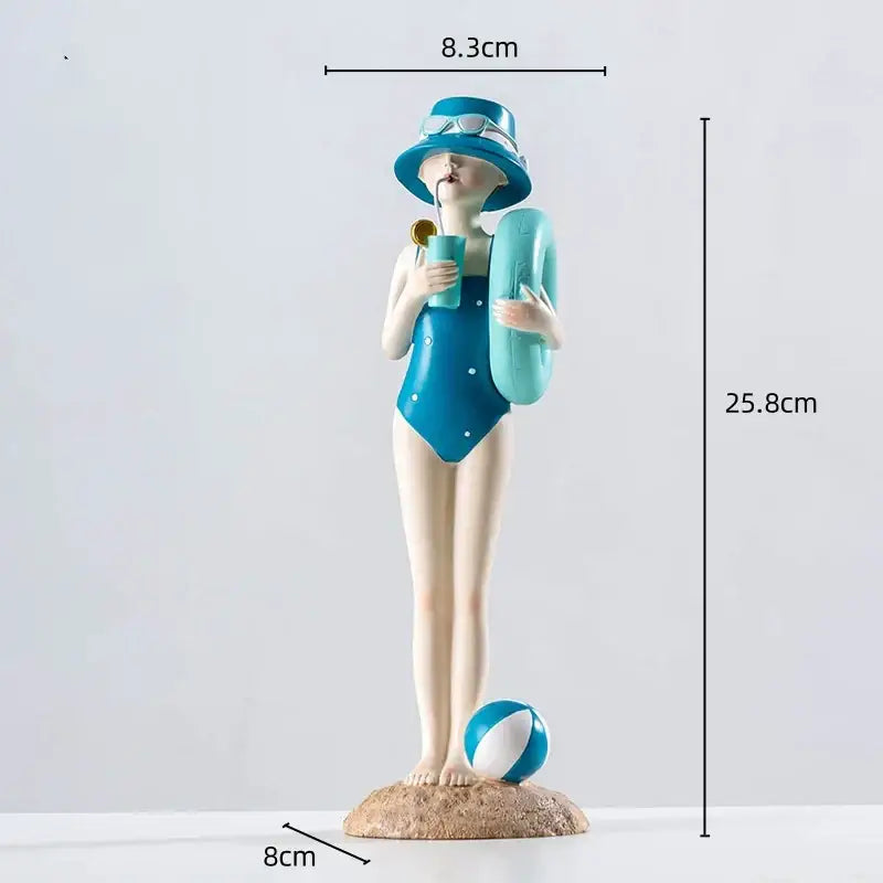 Turquoise resin figure sculpture of a woman in swimsuit with hat holding a drink and inflatable ring for living room decor