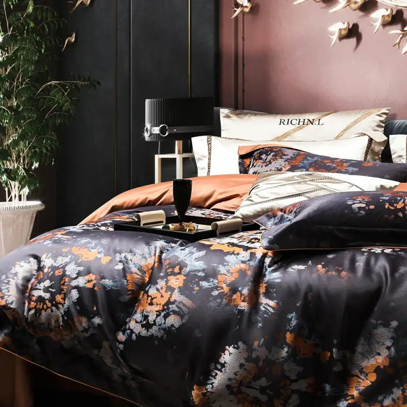 Richn.l dark navy satin duvet bedding set with floral pattern and rust pillows made of 1500tc jacquard egyptian cotton