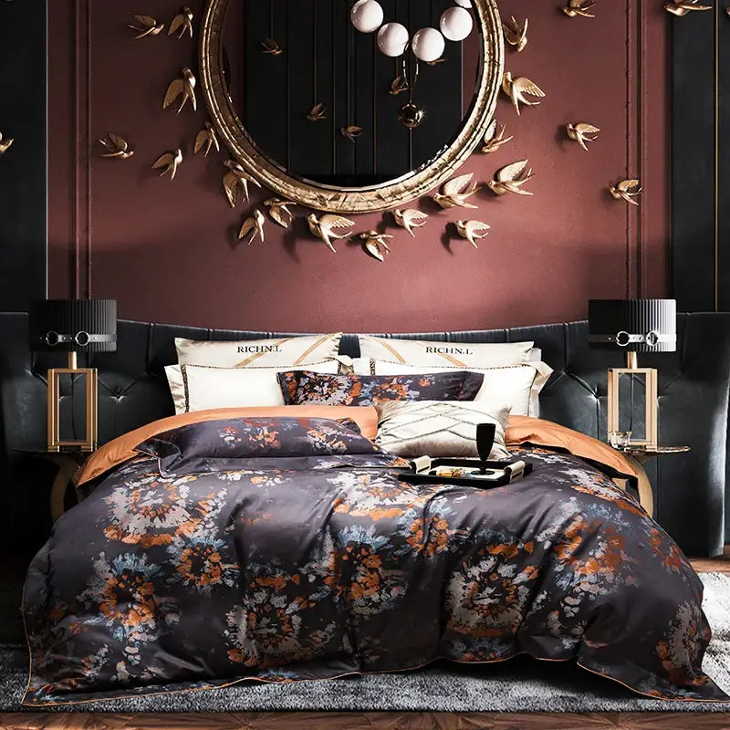 Dark gray satin duvet cover and pillowcases with orange blue floral pattern in 1500tc jacquard egyptian cotton bedding set
