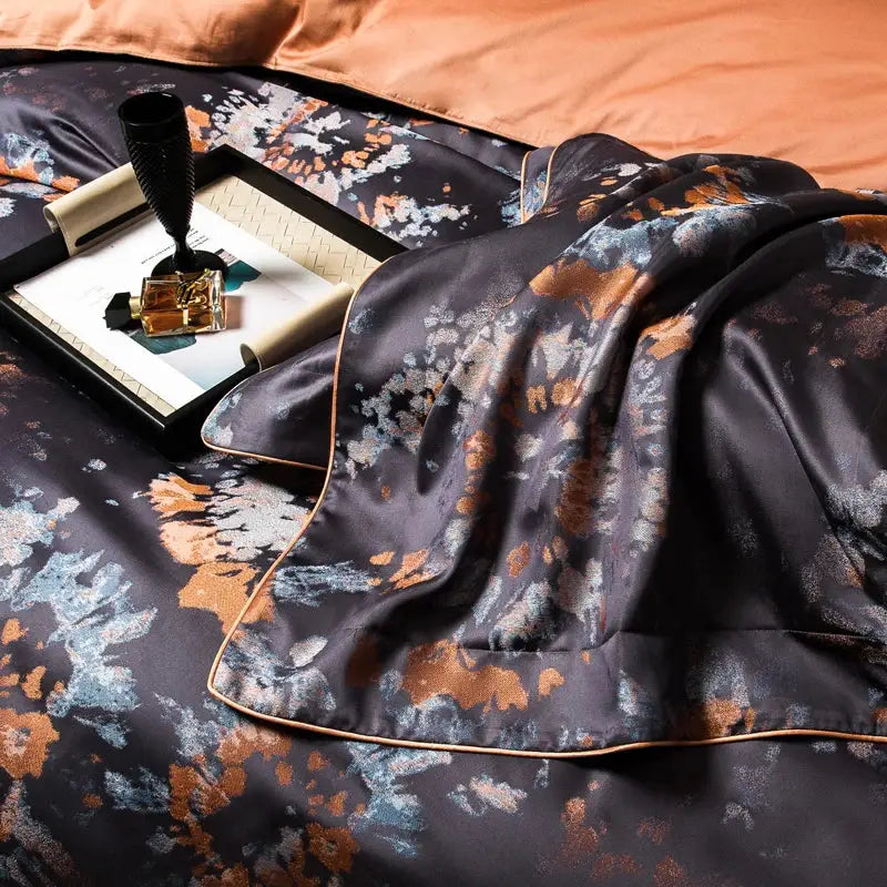 Dark gray silk duvet cover with abstract orange and blue floral patterns and gold trim in 1500tc jacquard egyptian cotton bedding set