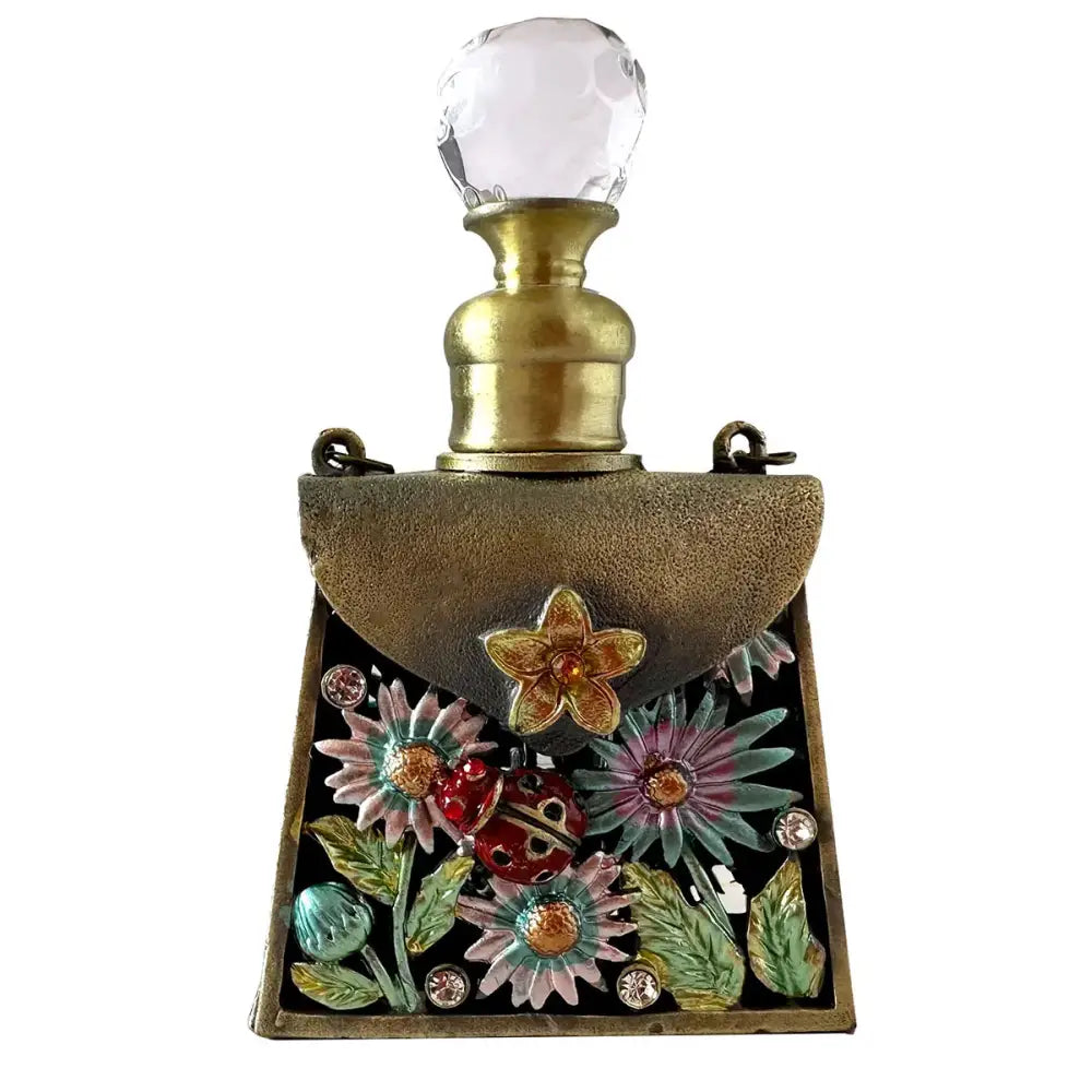 Decorative gold-toned enamel perfume bottles with colorful floral and ladybug design metal handicraft collection