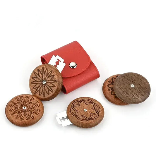 Set of five round wooden french bread lame blades with floral engravings in red leather cases for bread lame dough scoring