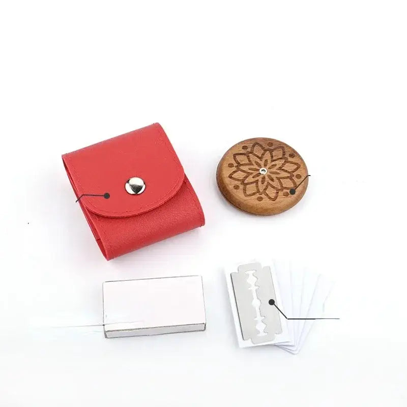 Red leather razor case with silver snap button for decorbites french bread lame bread lame dough scorer set