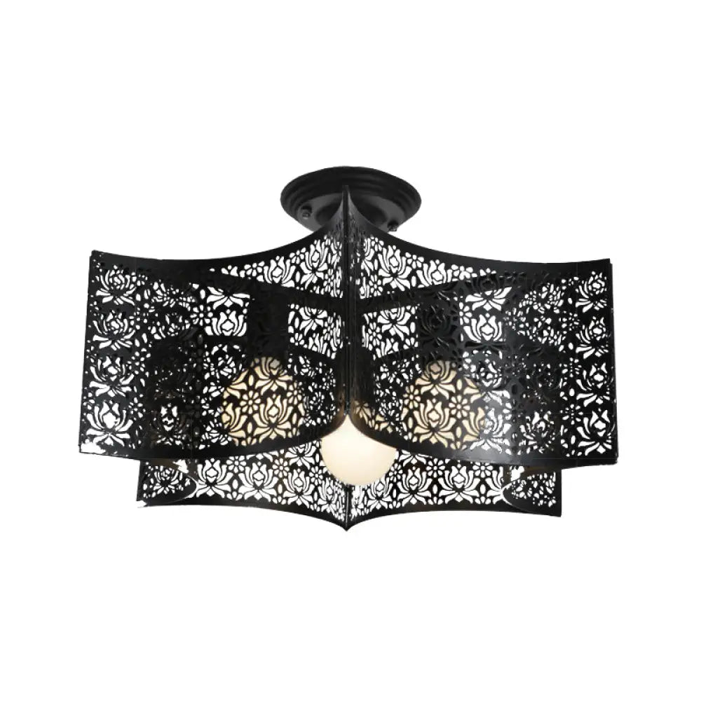 DecorBites™ DecorBites™ Floral Etched Black Ceiling Flush: Elegant Iron Semi Mount Lighting for Rural Living Room - 3 Lights