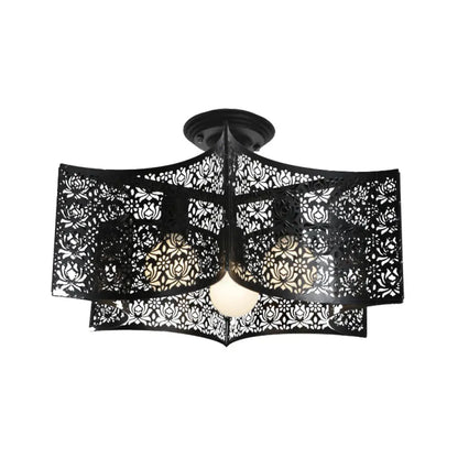 DecorBites™ DecorBites™ Floral Etched Black Ceiling Flush: Elegant Iron Semi Mount Lighting for Rural Living Room - 3 Lights