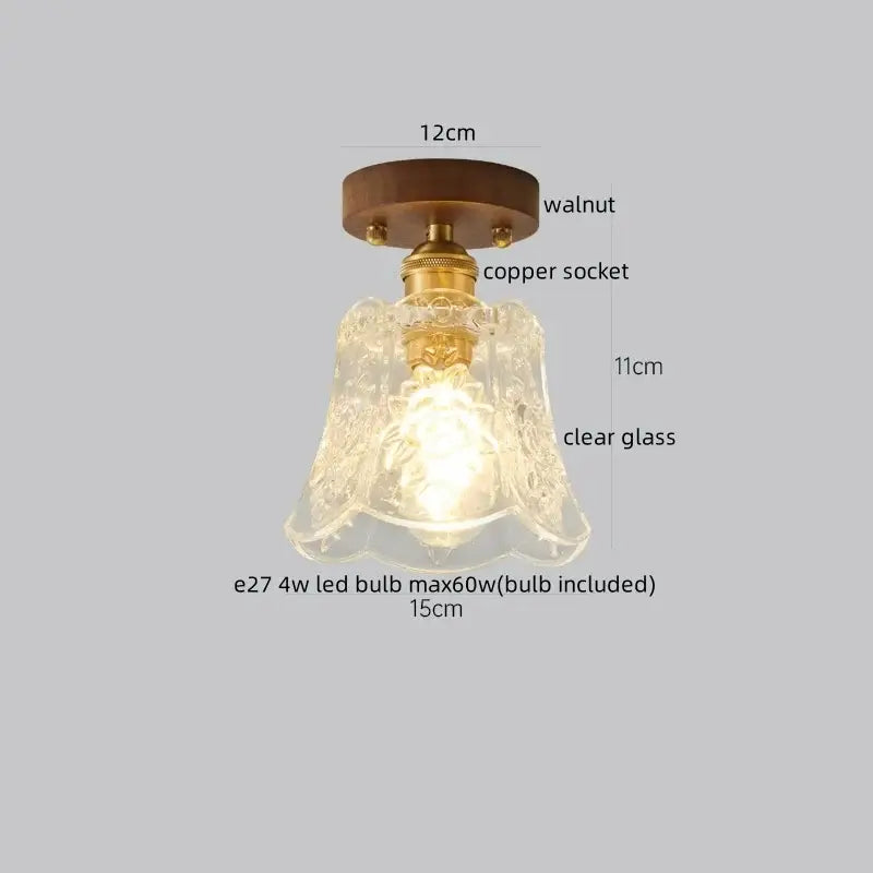 Vintage-style floral etched glass led ceiling lamp with walnut base and copper socket for living room lighting