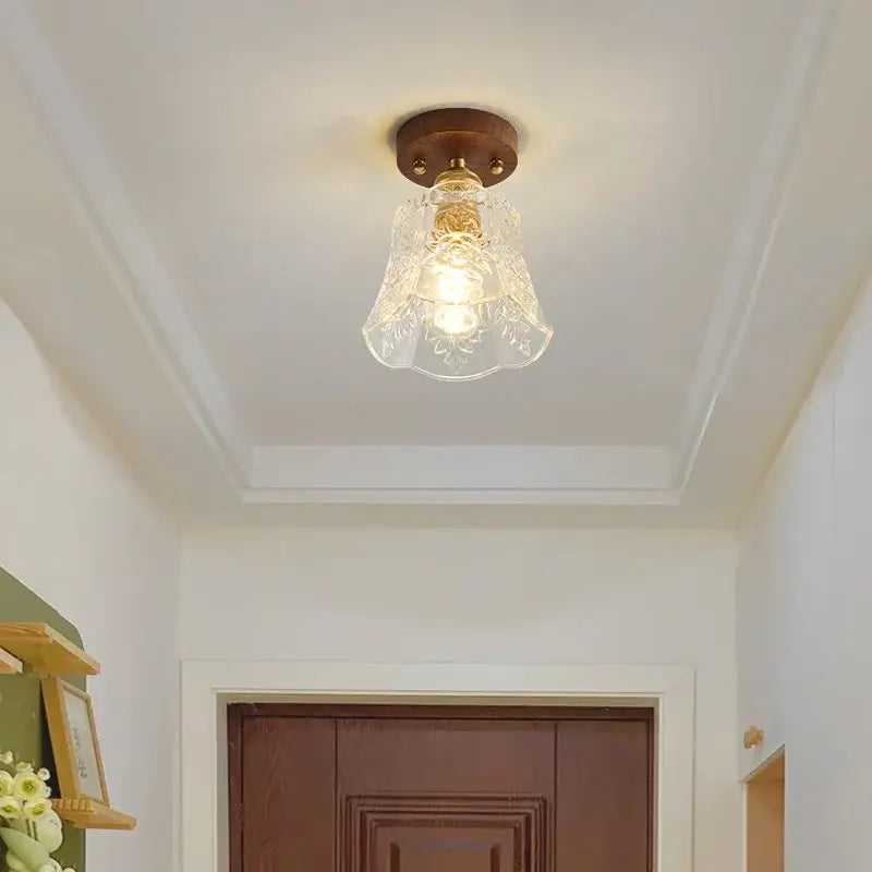 Clear glass led ceiling lamp with brass finish and floral etched patterns for living room lighting