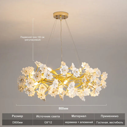 Floral French White Ceramic Chandelier - Romantic Home Décor - ROUND 80CM / Cold White / CHINA - Chandelier