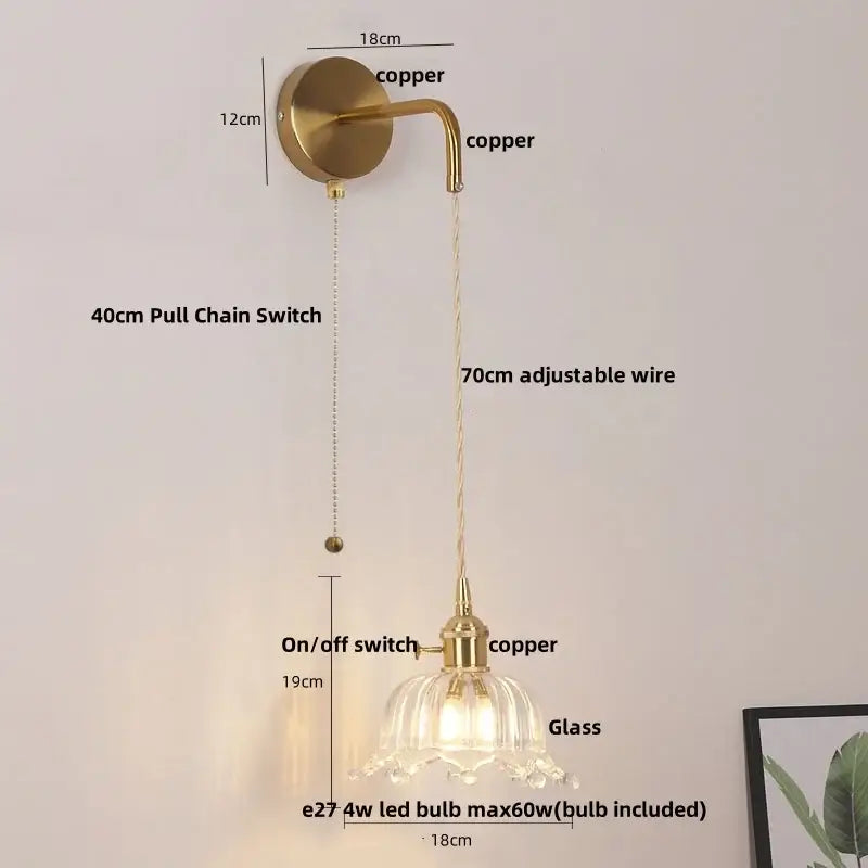 Gold-toned copper led wall sconce with delicate floral glass shade and adjustable 70cm wire for bathroom lighting