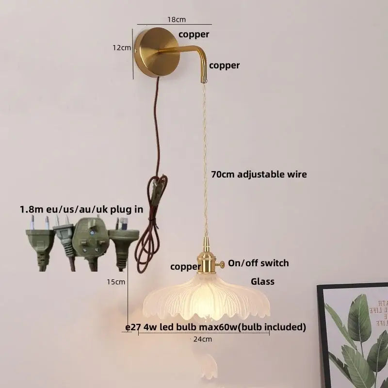 Gold-toned glass copper led wall sconce with frosted shade and adjustable 70cm wire for bathroom lighting