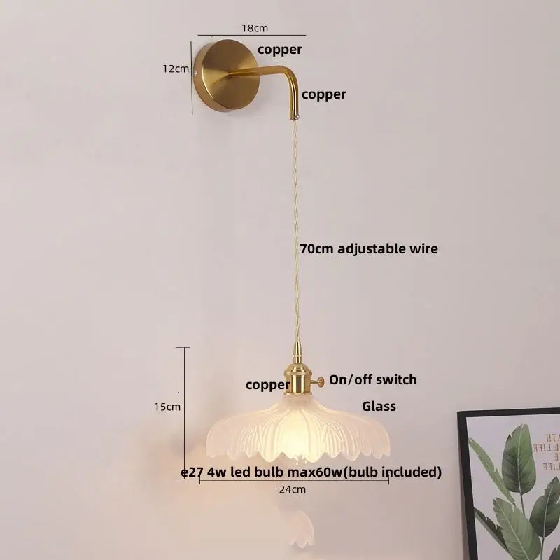 Vintage-style floral glass copper led wall sconce with brass copper finish and adjustable 70cm wire for bathroom lighting