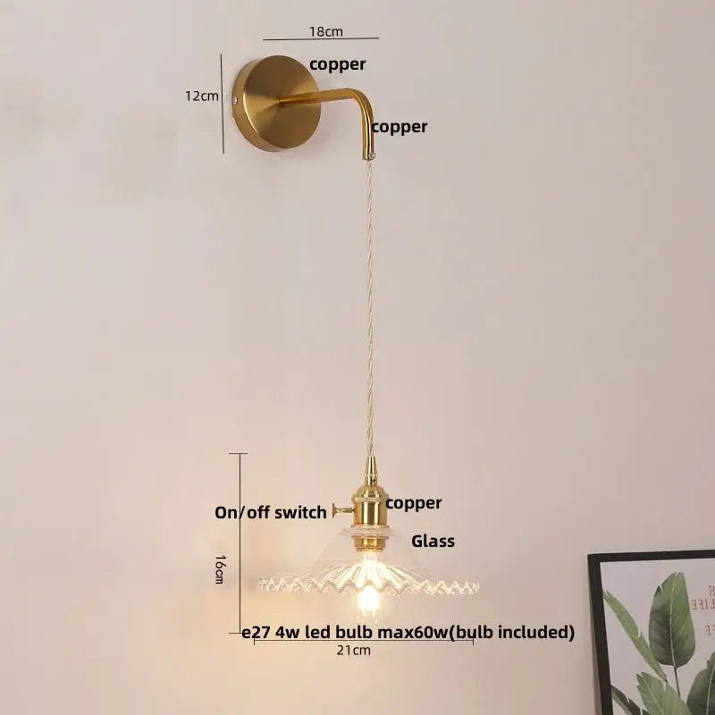 Vintage-style floral glass copper led wall sconce with integrated led bulb for bathroom lighting
