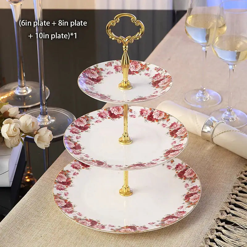 Three-tiered bone china fruit plates set with gold-finished handle and pink rose floral pattern for dining room use