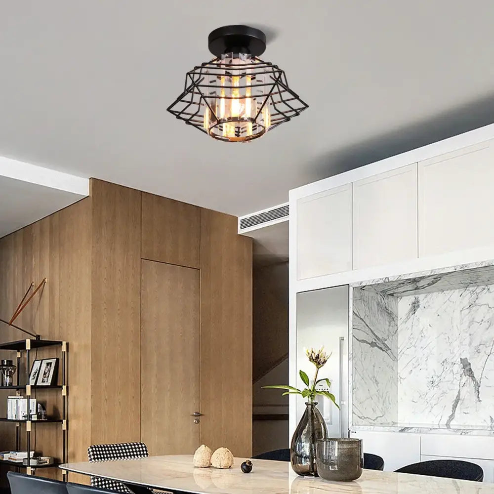 Black metal cage-style ceiling light with exposed filament bulbs and glass crystal led for living room chandelier