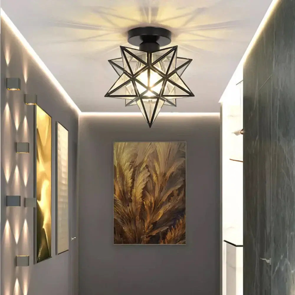 Black metal star-shaped ceiling light with clear glass panels floral gold glass crystal led ceiling chandelier for living room