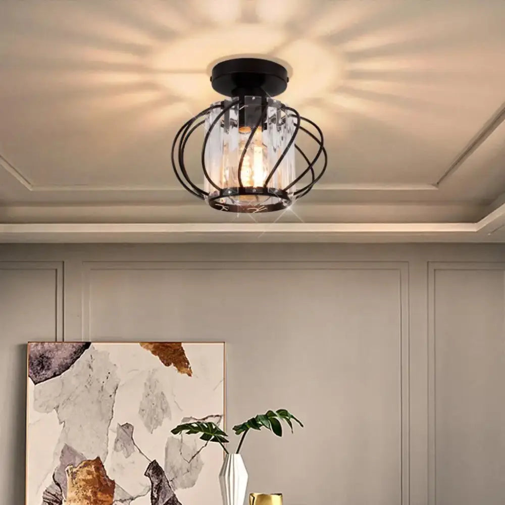 Black wrought iron cage led ceiling chandelier with glass crystal led panels and warm bulb for living room use