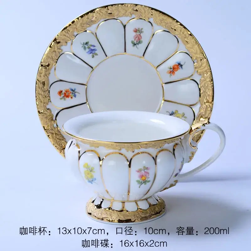 Elegant white porcelain tea cup saucer set with hand-painted floral motifs and gold trim for dining room use