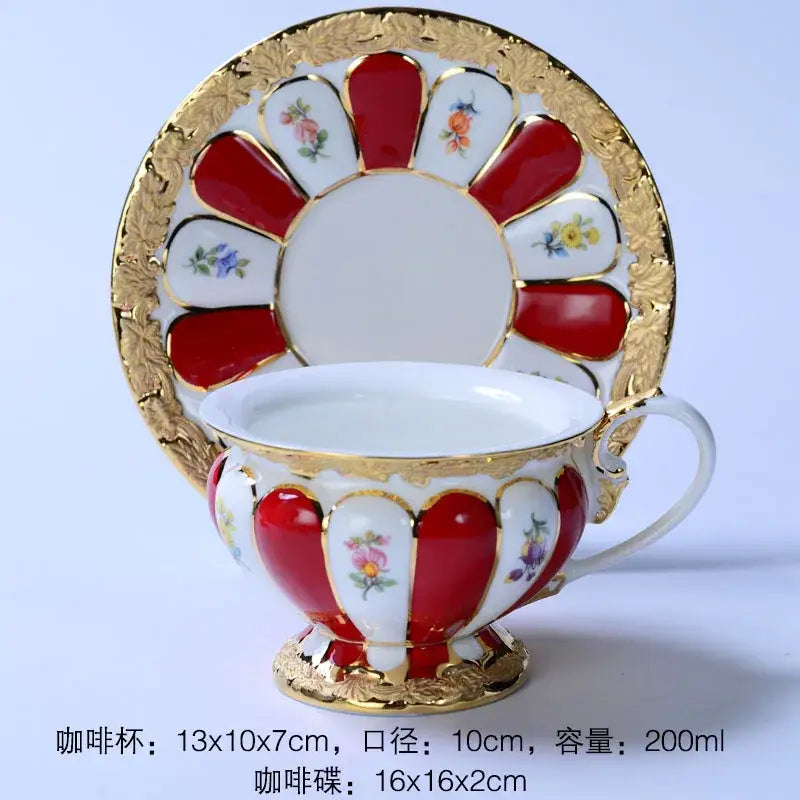 Elegant red and white porcelain tea cup saucer set with gold trim and floral motifs for dining room drinkware