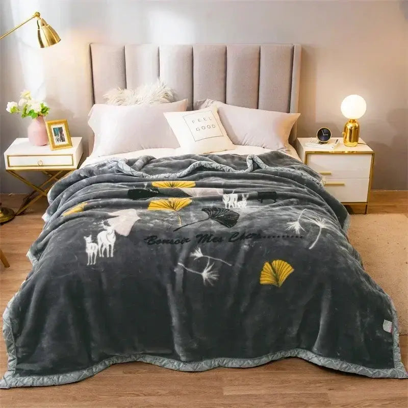 Dark gray plush cozy flocked raschel blanket with soft texture and white yellow autumn patterns for bedding decorbites cozy flocked