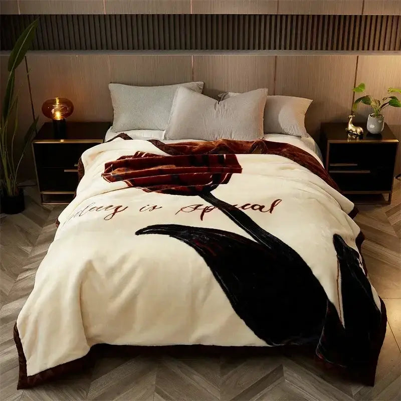 Cream-colored decorbites cozy flocked raschel blanket with bold black red rose and love is special embroidery