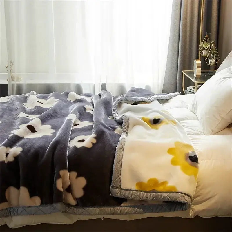 Gray and white floral-patterned cozy flocked raschel blanket with quilted border for bedroom decorbites cozy flocked use