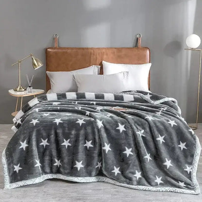 Gray plush throw blanket with white star patterns and border featuring decorbites cozy flocked raschel design