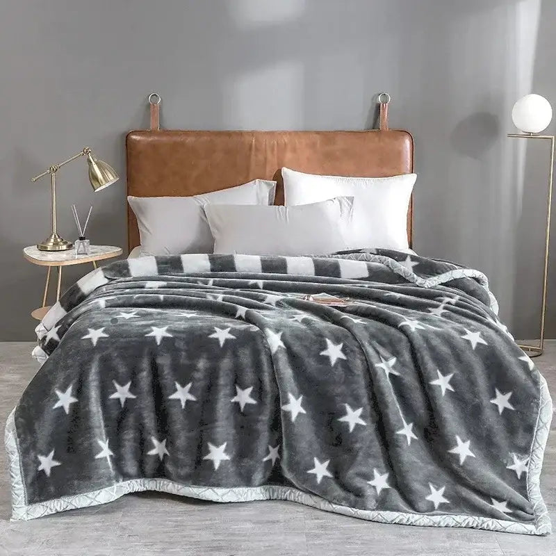 Gray plush throw blanket with white star patterns and border featuring decorbites cozy flocked raschel design