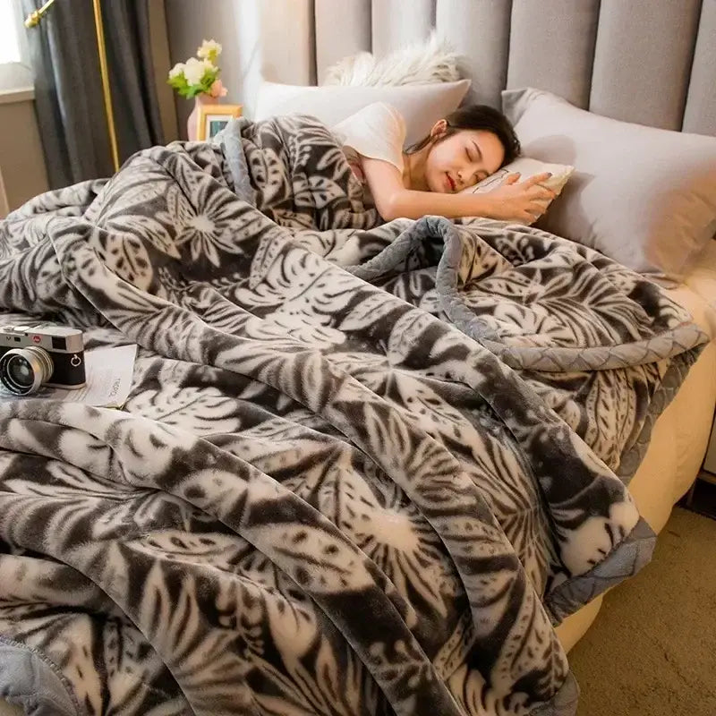 Soft gray and white tropical leaf-patterned cozy flocked raschel blanket for bedroom bedding decorbites cozy flocked