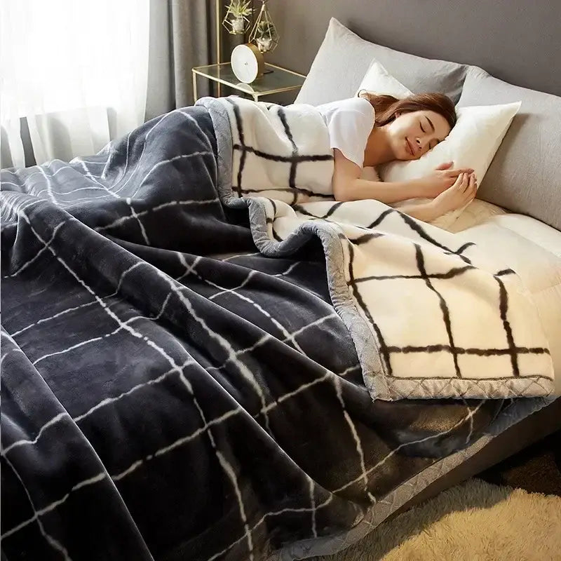 Soft gray and white plaid cozy flocked raschel blanket with plush texture for bedroom decorbites cozy flocked bedding