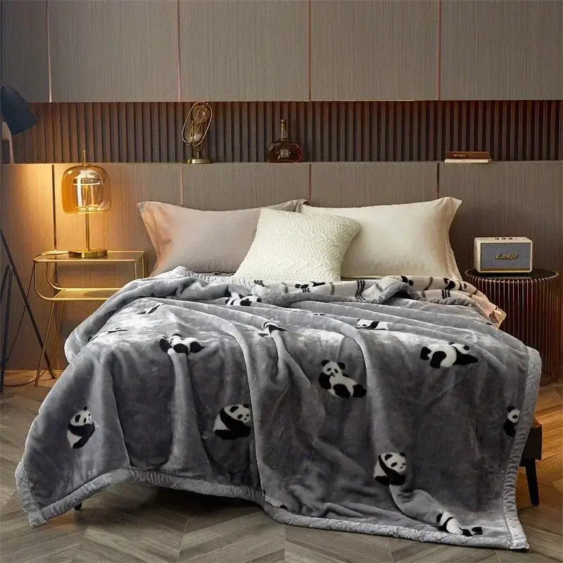 Floral gray and yellow cozy flocked raschel blanket with gray plush fabric and black and white panda prints for decorbites cozy flocked use