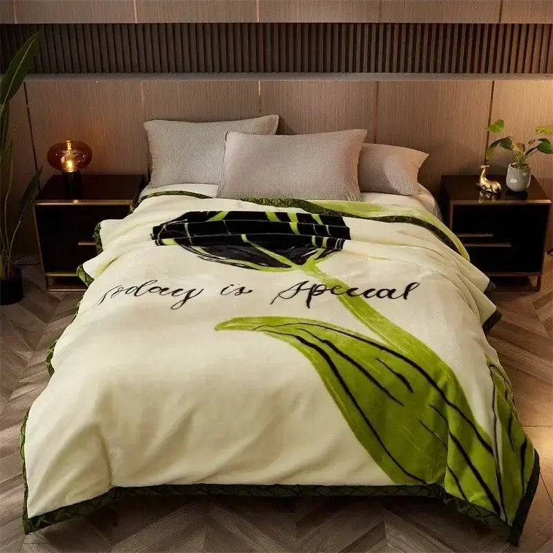 Cream-colored cozy flocked raschel blanket with bold green black floral design and today is special embroidery