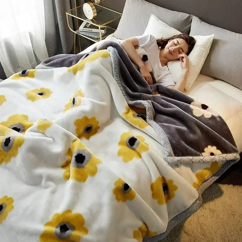 Cozy flocked raschel blanket with yellow and gray floral patterns, soft plush texture, and gray velvet border for bedding decorbites cozy flocked