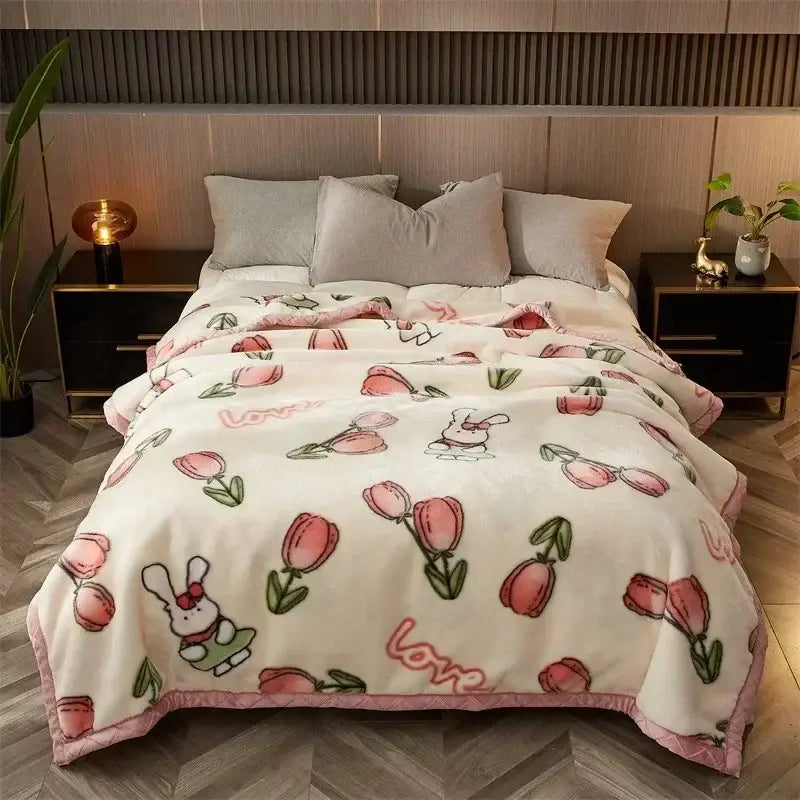 Cream-colored cozy flocked raschel blanket with pink tulips white bunny and love cursive for bedroom bedding decorbites cozy flocked