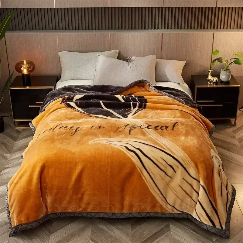 Orange plush cozy flocked raschel blanket with black cream leaf design and gray border for bedroom decorbites cozy flocked