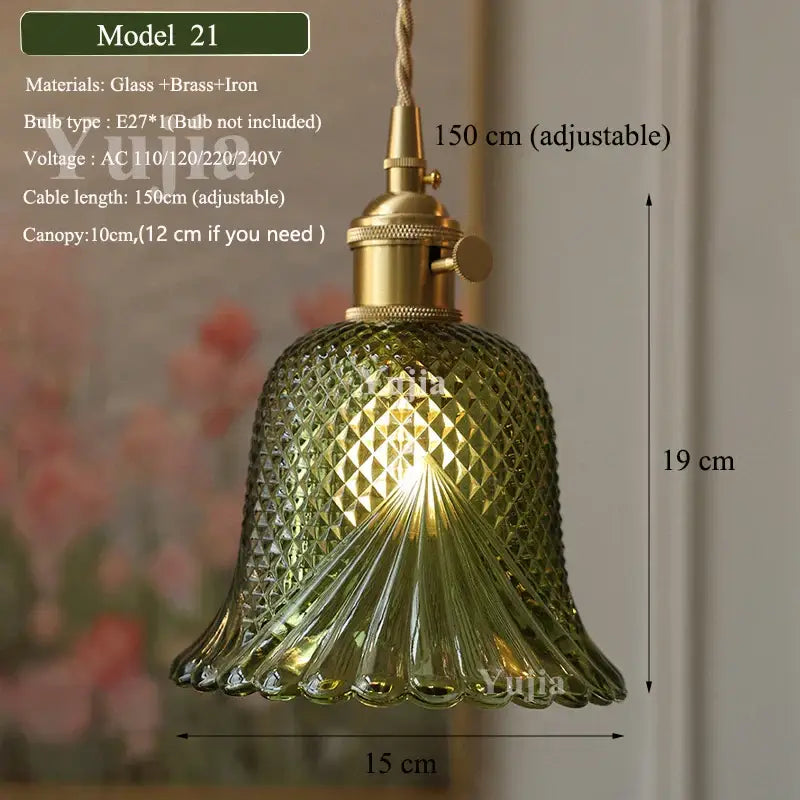 Floral green glass and brass pendant light with diamond-cut pattern green glass shade for kitchen use