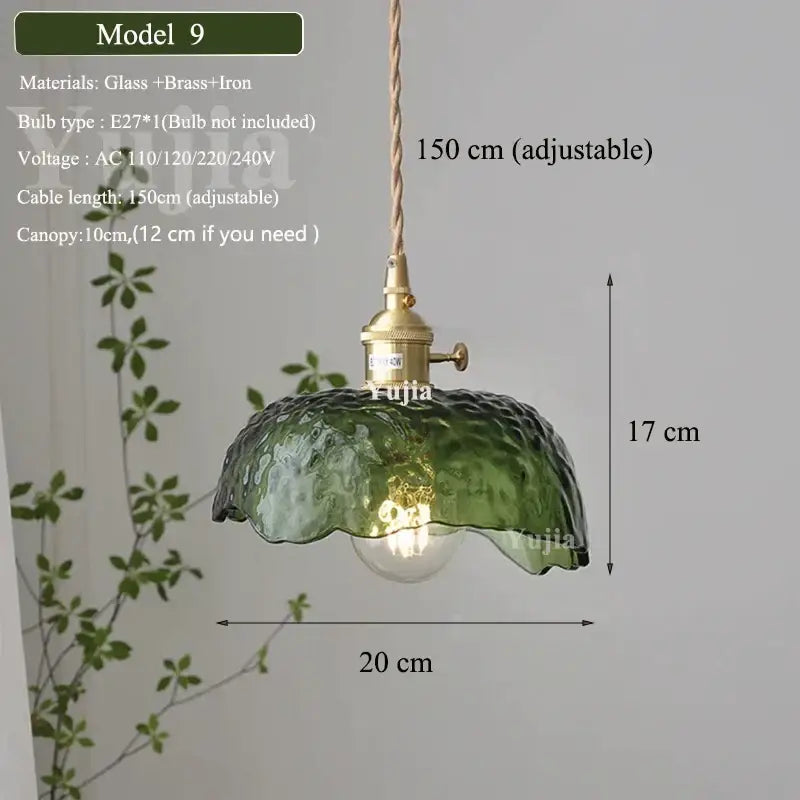 Floral green glass and brass pendant light with textured green glass shade for kitchen lighting