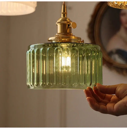 Vintage green glass pendant light with vertical ridges and brass fixture floral green glass shade for kitchen use