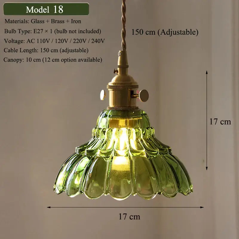 Vintage-style green glass pendant light with brass and iron fixture and adjustable 150 cm cable with fluted green glass shade