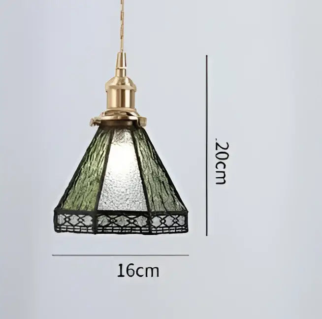 Floral green glass pendant light with geometric pattern and golden brass finish ideal for dining room pendant lights