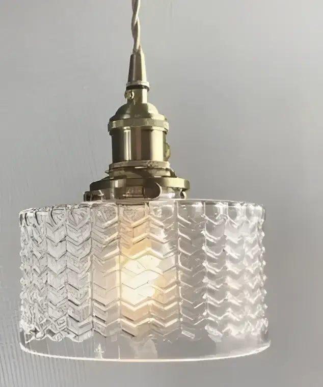Floral green glass pendant light with chevron pattern and golden brass finish ideal for dining room pendant lights