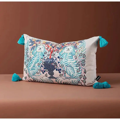 Floral green decorbites handmade lumbar pillow case with whimsical white bear embroidery and turquoise tassels for bedroom decor