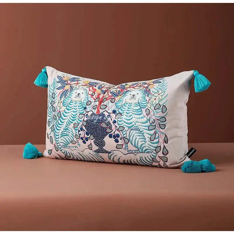 Floral green decorbites handmade lumbar pillow case with whimsical white bear embroidery and turquoise tassels for bedroom decor