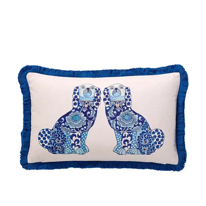 Cream-colored pillow case with blue fringed edges and embroidered seated dogs decorbites handmade lumbar pillow