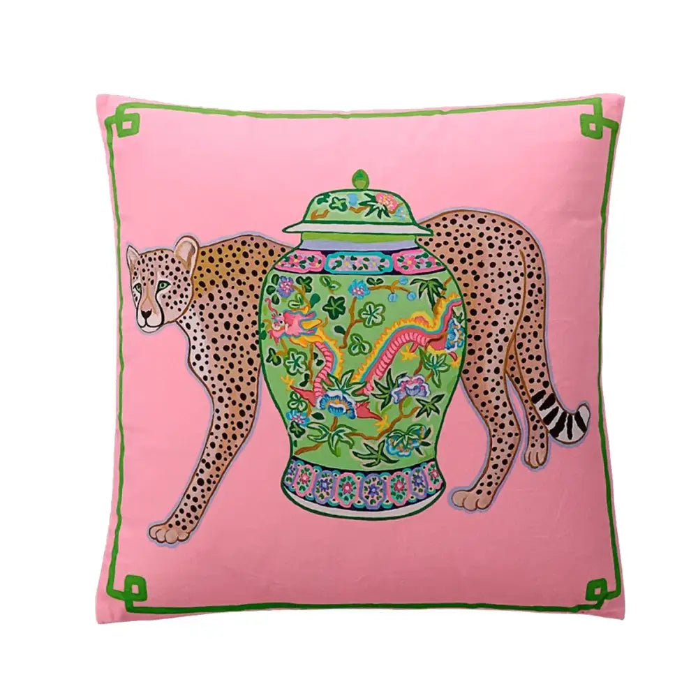 Pink pillow case with vibrant green porcelain jar and spotted cheetahs decorbites handmade lumbar pillow for bedroom decor
