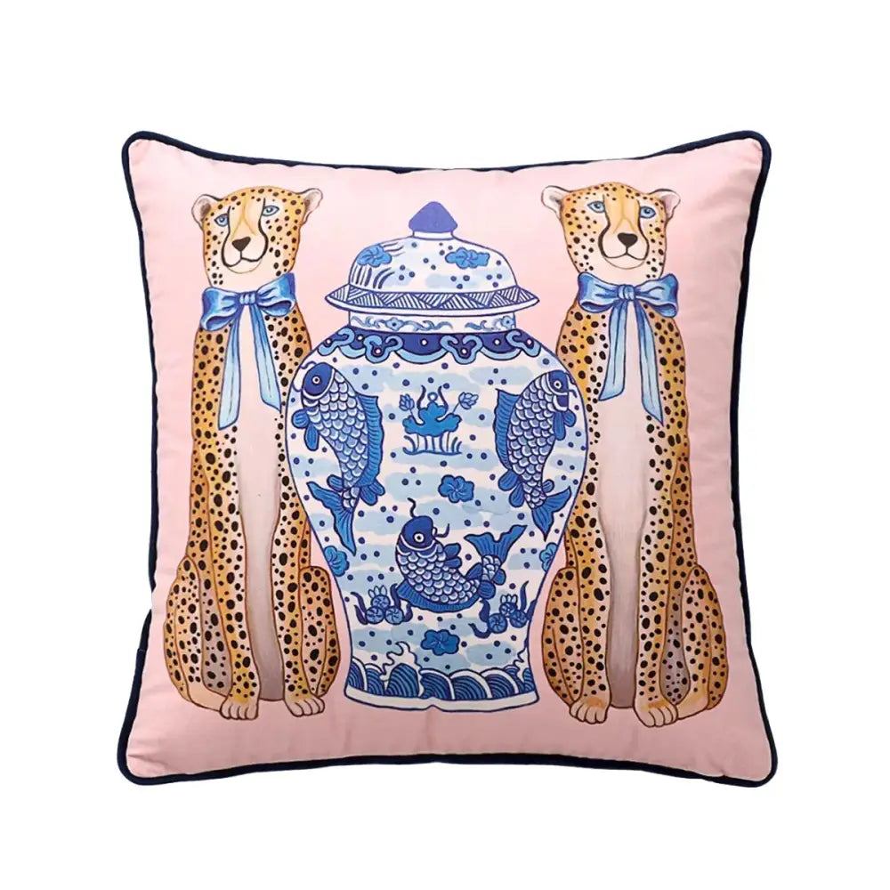 Pink floral green handmade lumbar pillow case featuring embroidered cheetahs with blue bows for decorbites handmade lumbar pillow decor