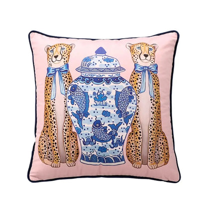 Pink floral green handmade lumbar pillow case featuring embroidered cheetahs with blue bows for decorbites handmade lumbar pillow decor